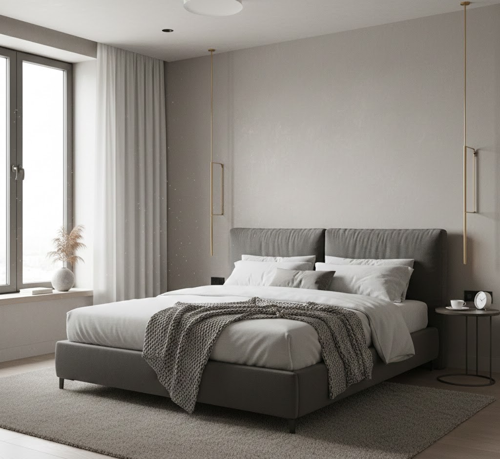 Sovrum med neutrala färger och premium material